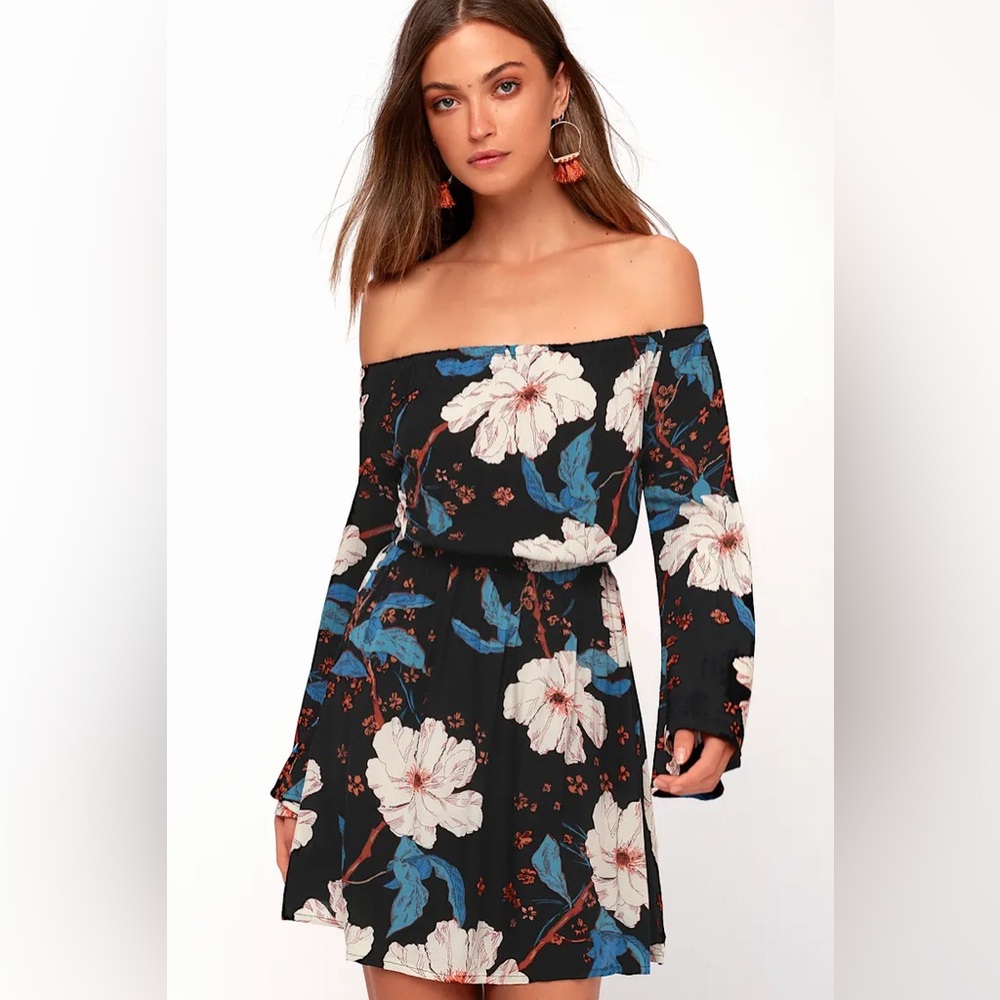 Billabong‎ Floral Off Shoulder Mini Dress Boho Long Sleeve Womens Small